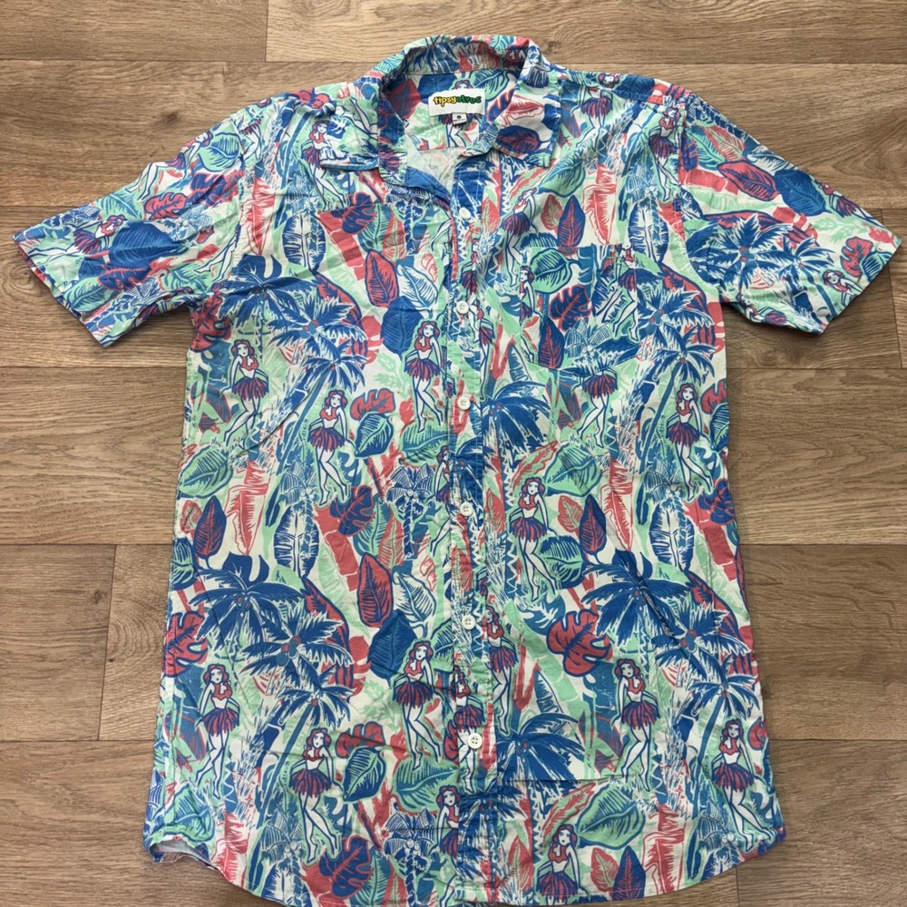 Tipsy Elves Mens XL Hula Girl Tropical Palm Tree Button Down Shirt Multicolor